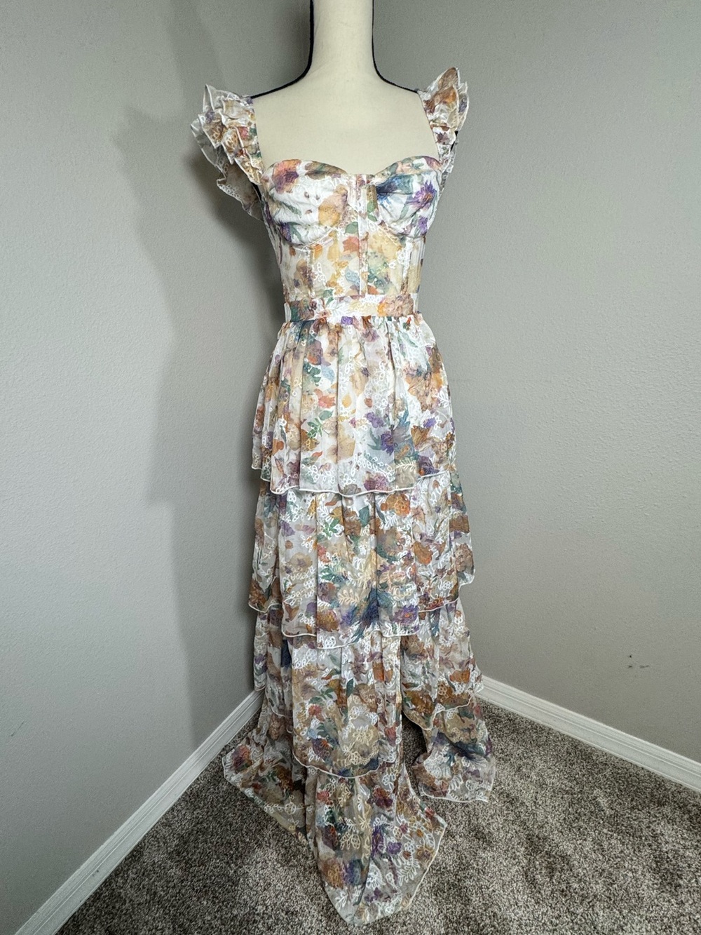Blythe LA Floral Tiered Maxi Dress with Slit | Corset Bodice | Size S | NWT